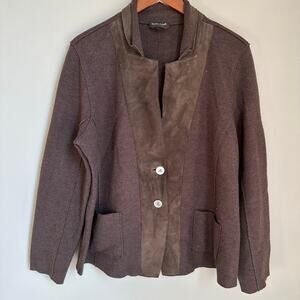 Eileen Fisher Merino Wool Lamb Leather Brown Button Jacket Pockets Size Large